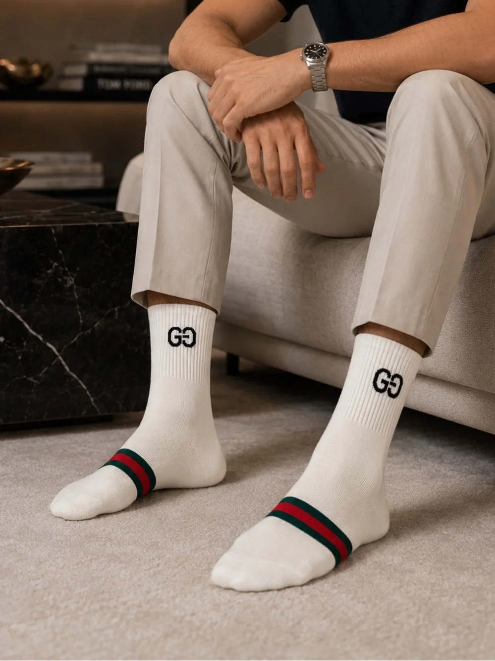 Gucci Cream Crew Socks with Black GG Logo and Green-Red Stripe